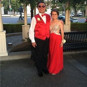 La Femme Red Prom Dress with Beaded Bodice